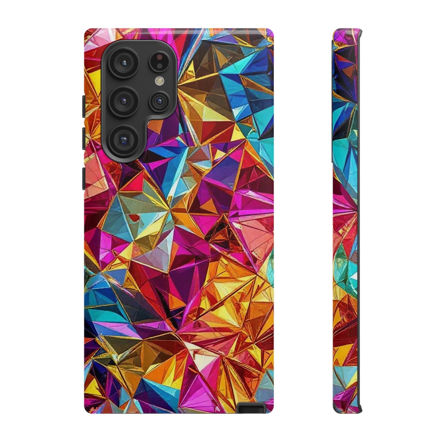 Vibrant Rainbow Foil Samsung phone case with geometric 3D design and durable impact-resistant protection for Galaxy models.