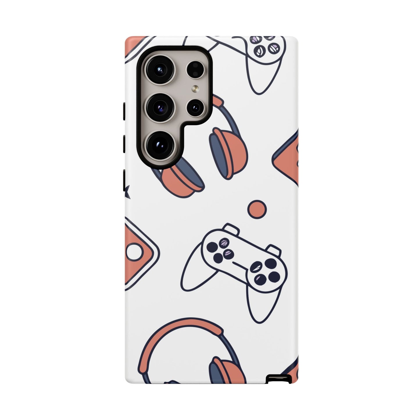 Samsung phone case with gamer design featuring game controllers and headphones, durable and impact-resistant Gamer Tough Phone Case