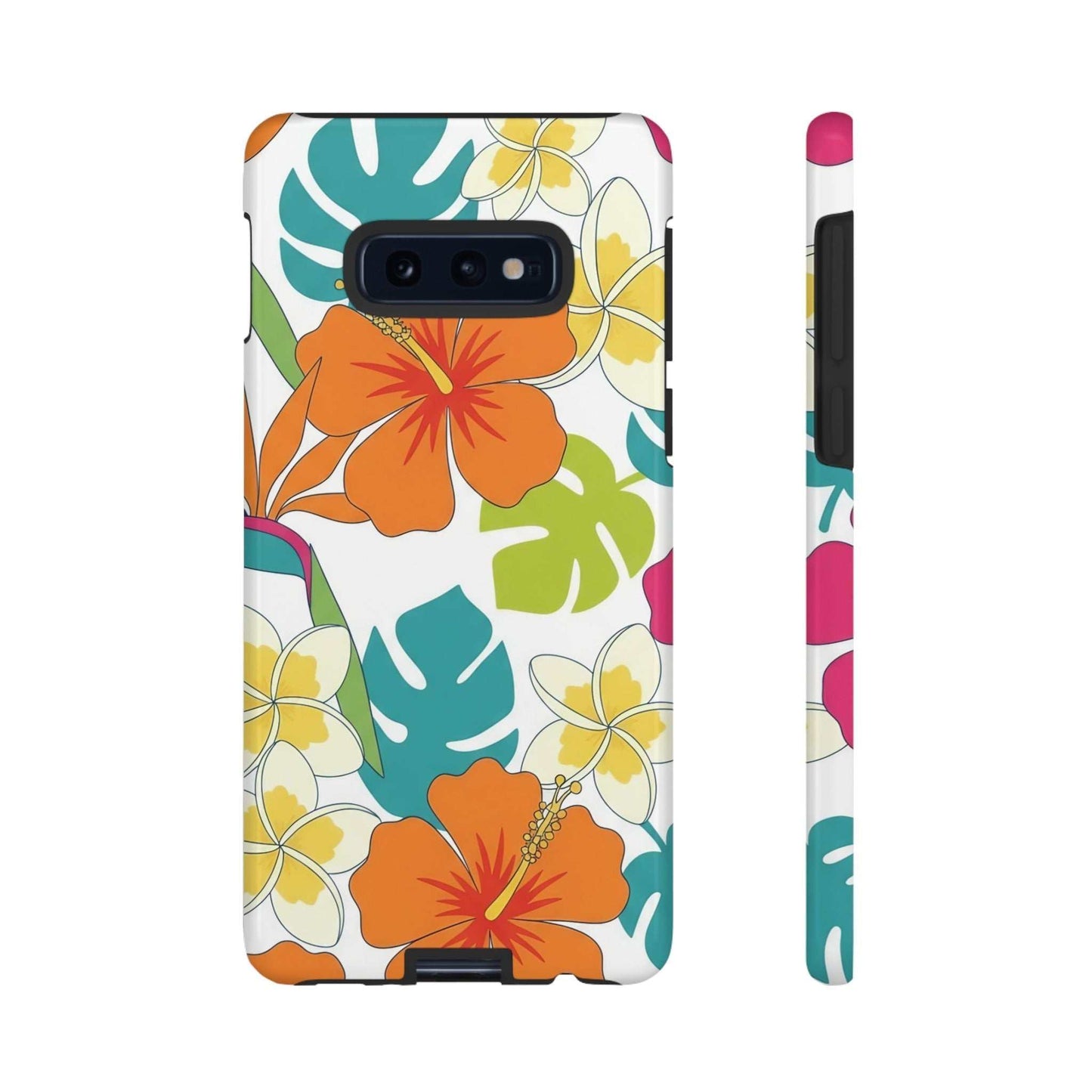 Samsung Tough Case with vibrant floral print, durable shock-absorbent design, and wireless charging support