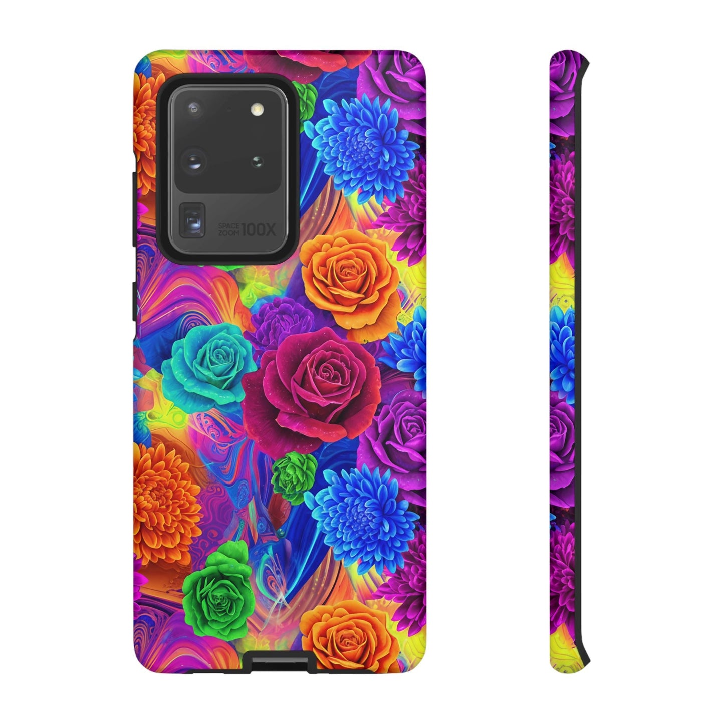 Vibrant Floral Samsung Phone Case with colorful roses and chrysanthemums, impact-resistant protective cover with 3D wrap and UV protection