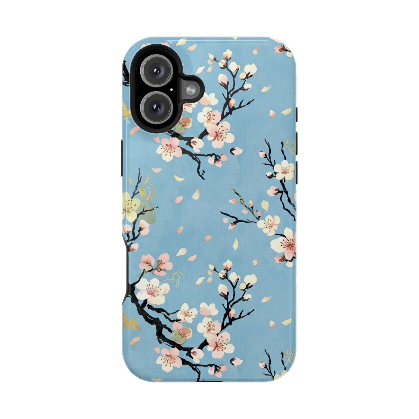 Spring Bloom iPhone tough case with floral design, magnetic MagSafe compatibility, and impact-resistant protection on blue background