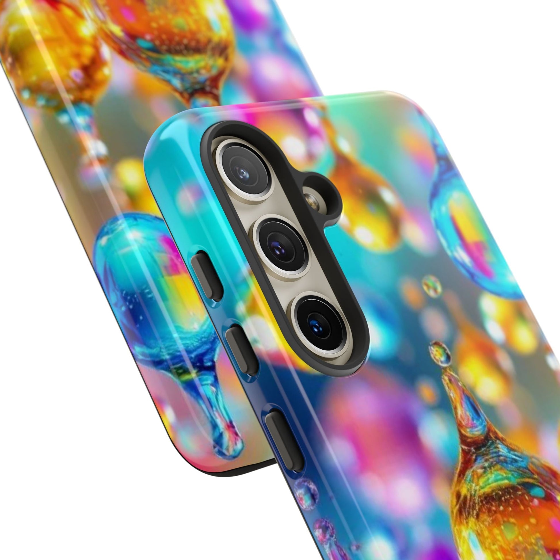 Colorful Golden Raindrop Phone Case with 3D wrap design for Samsung Galaxy phones, providing shock absorption and outdoor protection.