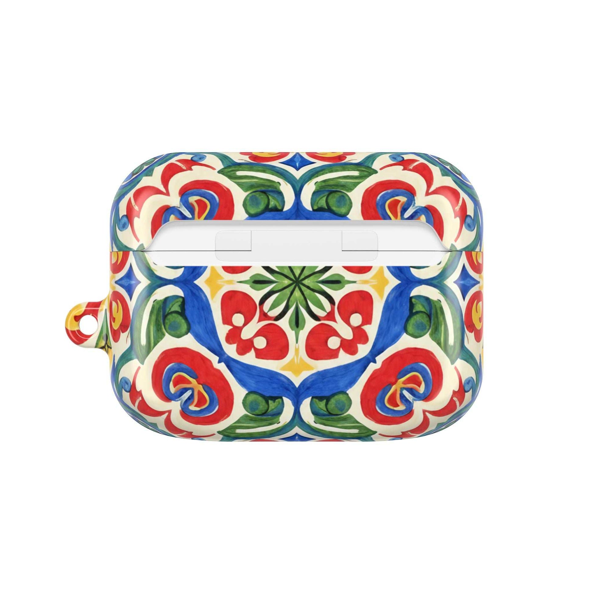 Mediterranean hand-painted folk tile design AirPods case with vibrant blues, terracotta, and cream colors, slim and glossy finish.