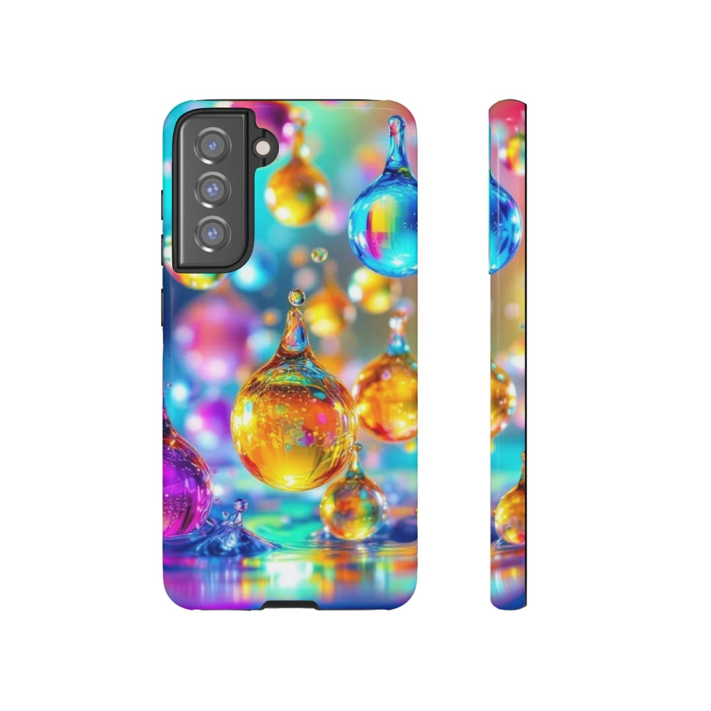 Samsung phone case with vibrant 3D golden raindrop design, durable and shockproof protection