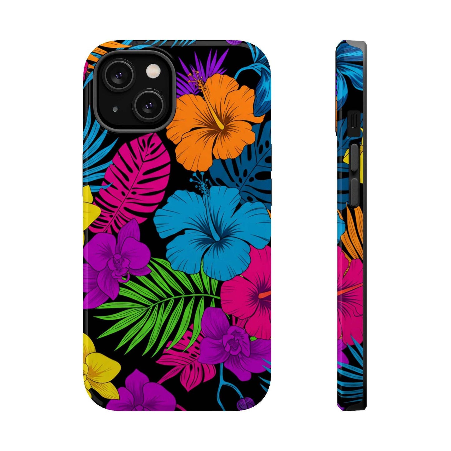 Modern tropical floral design iPhone case with impact-resistant polycarbonate shell and MagSafe compatibility