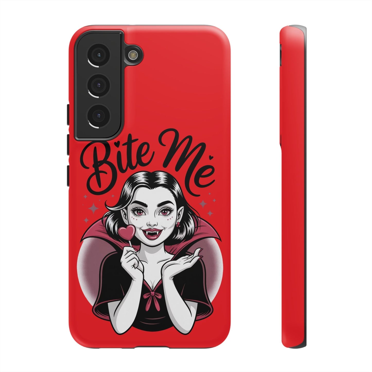 Red Samsung phone case with a cartoon vampire girl holding a heart-shaped lollipop and the text "Bite Me" in black cursive font
