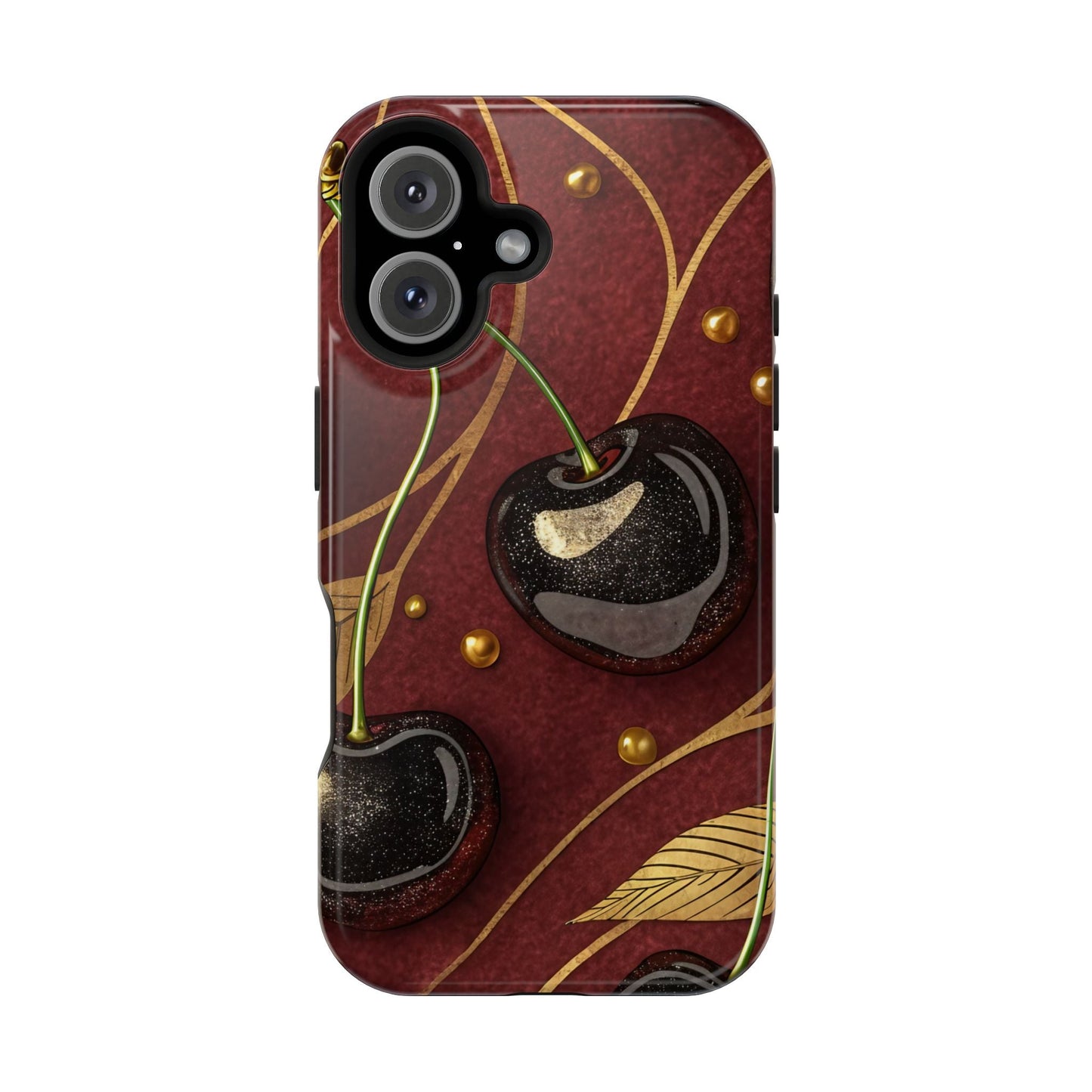 Golden Cherry iPhone Tough Case with black cherry and gold leaf design, durable dual-layer protection, and MagSafe compatibility