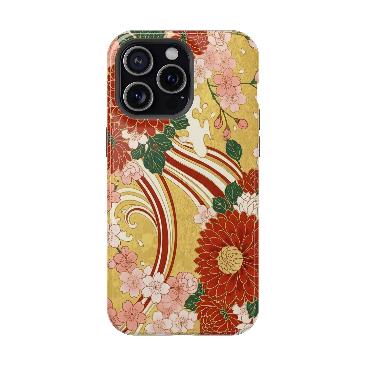 iPhone case with Japanese chrysanthemum and cherry blossom floral design, impact-resistant with MagSafe compatibility