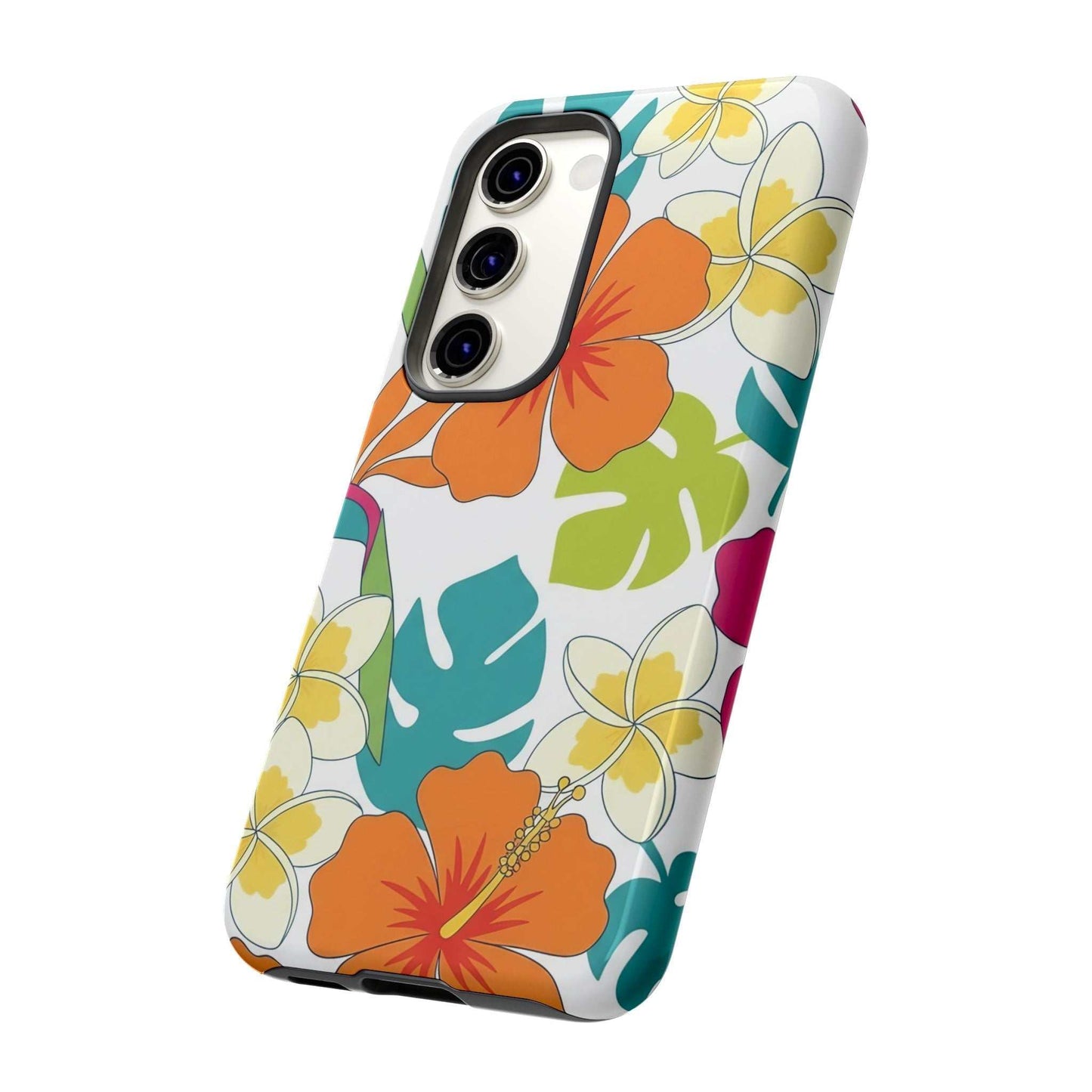 Orange floral Samsung case with vibrant tropical flower design and durable protective cover