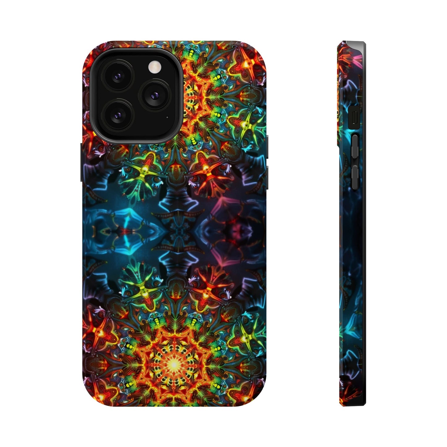 Colorful abstract kaleidoscope design iPhone case with durable dual-layer protection and MagSafe compatibility