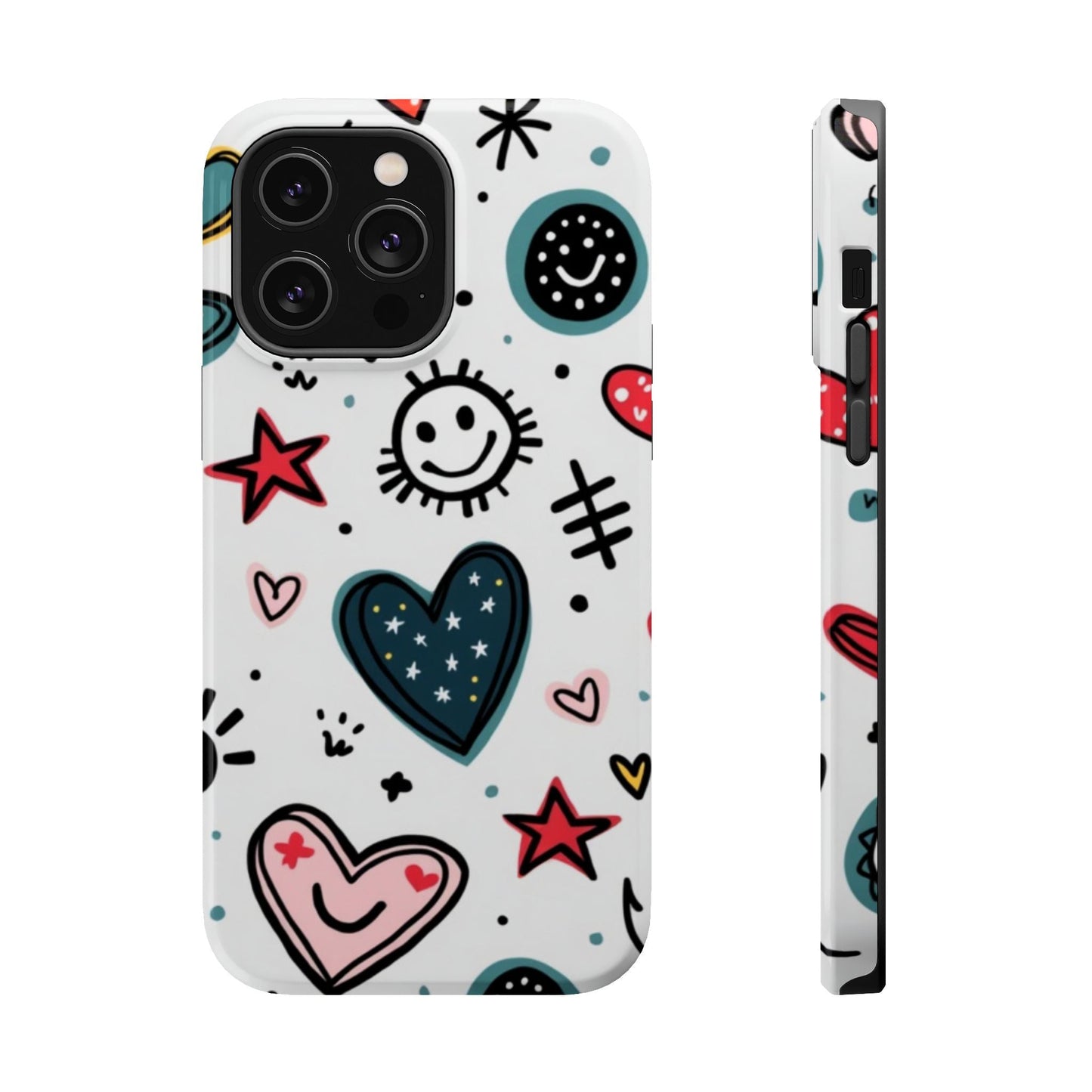 Cartoon Hearts and Smiles iPhone tough case with durable dual-layer protection and MagSafe compatibility in vibrant playful design