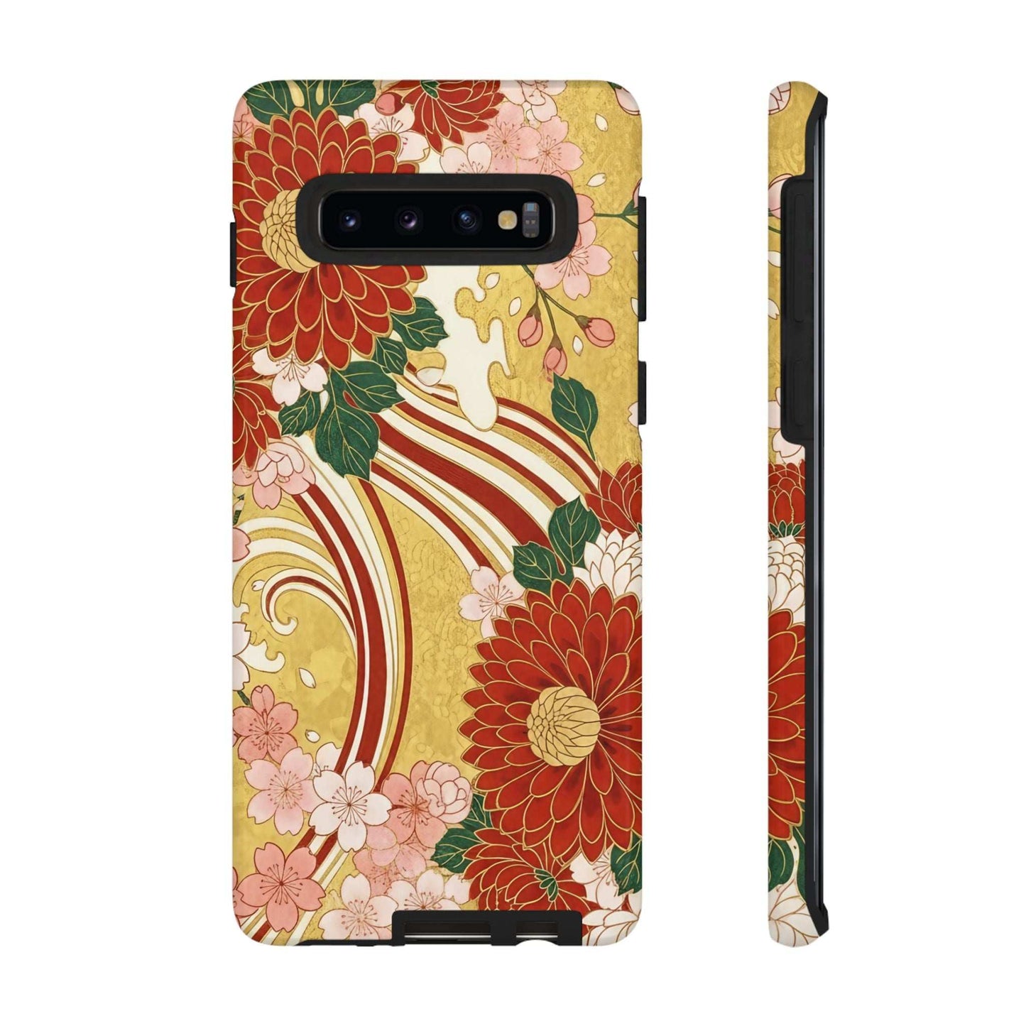Samsung Case with Japanese floral gold chrysanthemum design, durable and impact-resistant phone cover