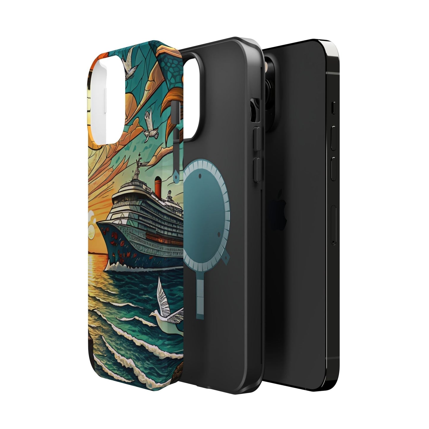 Cruise Vacation iPhone tough case with ocean cruise ship design, dual-layer protection, and MagSafe support for iPhone 13 to 16 models.