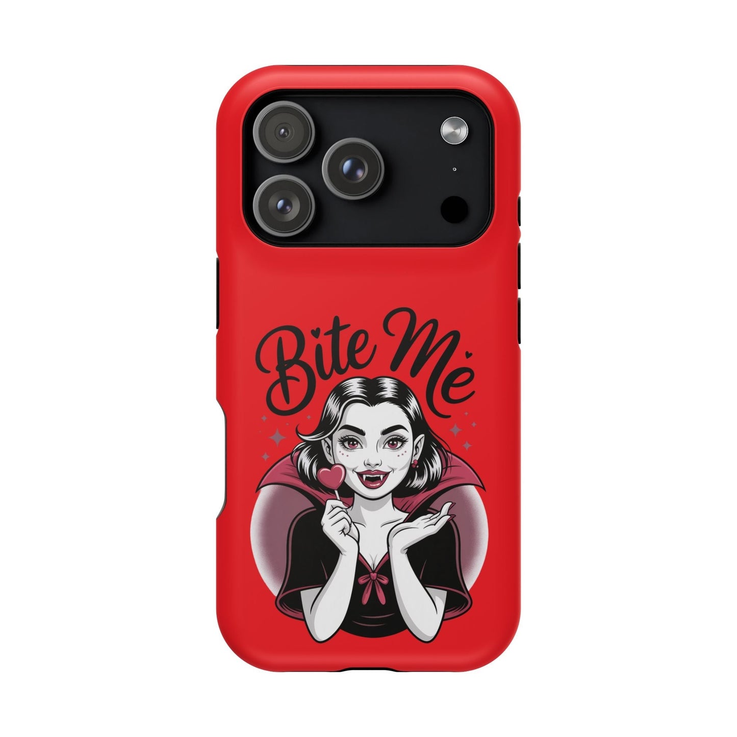 Halloween Vampire iPhone tough case with red background, cartoon vampire woman holding heart-shaped lollipop and "Bite Me" text