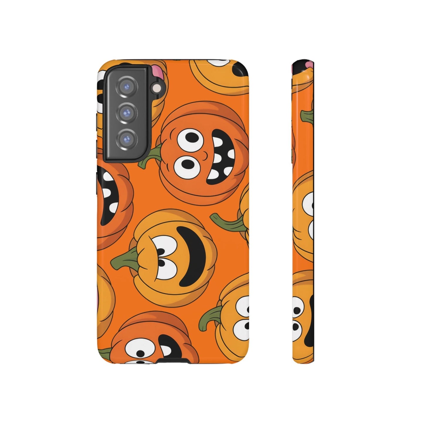Samsung tough case with moody cartoon pumpkin design for Halloween, compatible with multiple Galaxy S series models, offering durable shock protection.