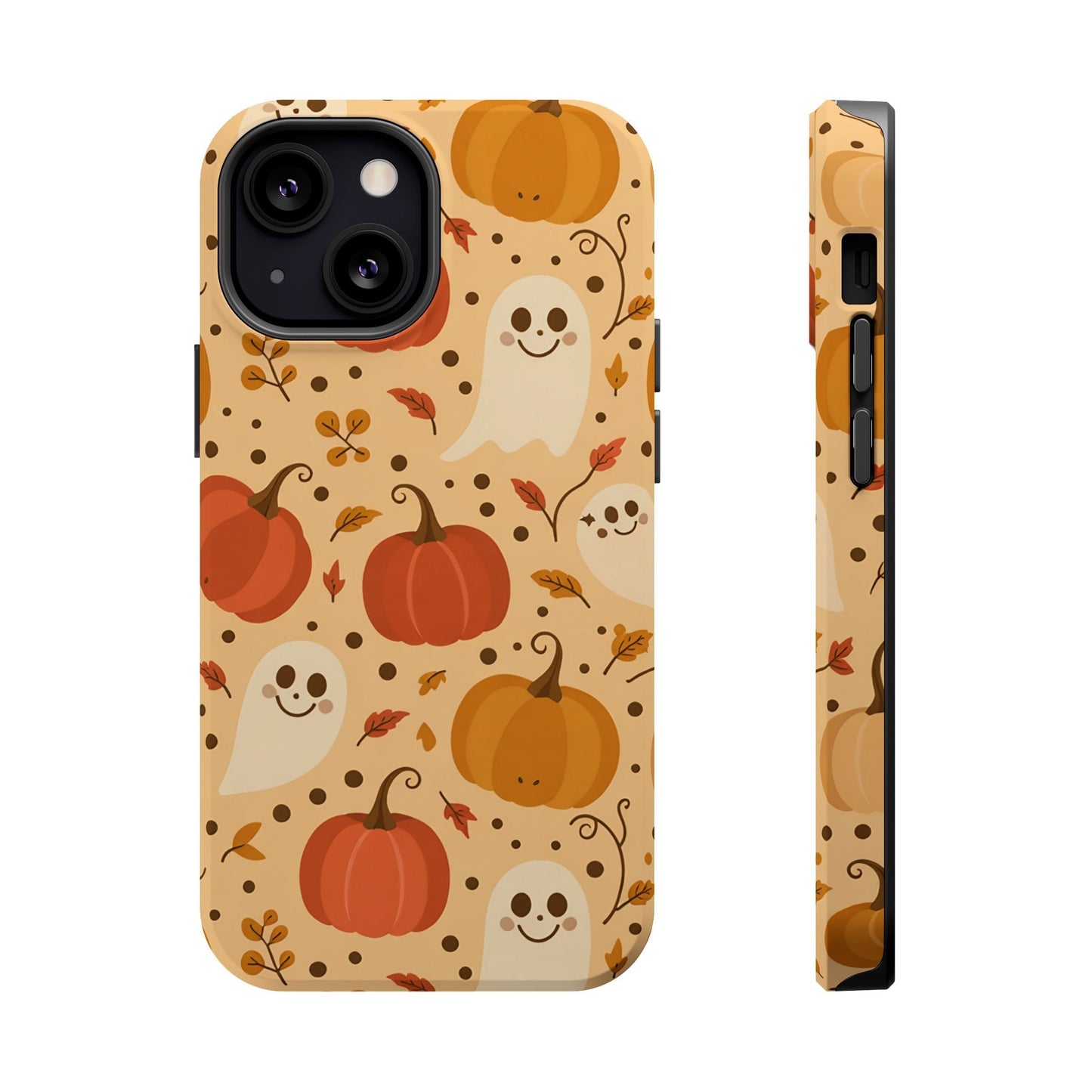 Spooky Pumpkins Halloween iPhone case with ghosts and pumpkins, durable protective cover with MagSafe compatibility