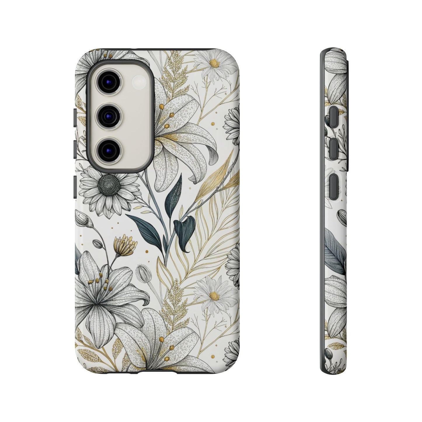 Samsung tough case with minimalist golden leaf and floral design, durable protective phone cover