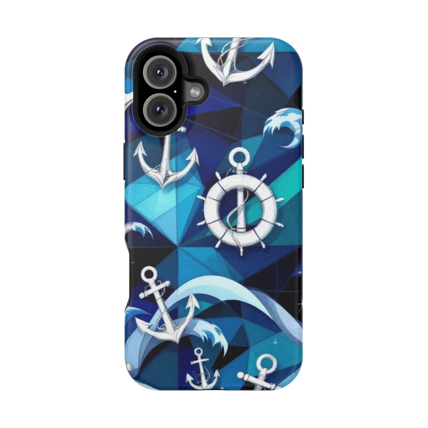 Nautical Anchors iPhone case with maritime design and MagSafe compatibility in blue tones