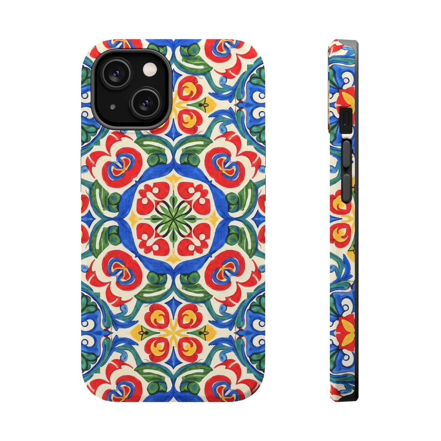 Mediterranean iPhone Case with colorful folk tile art pattern and MagSafe compatibility, dual-layer protective cover with terracotta, blue, and green design