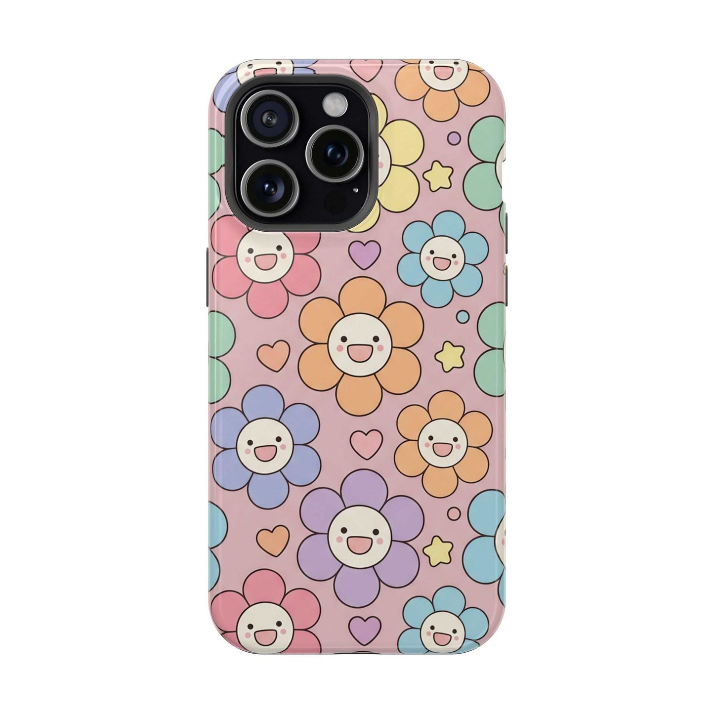Happy Flower iPhone Tough Case with colorful smiling floral design and MagSafe compatibility