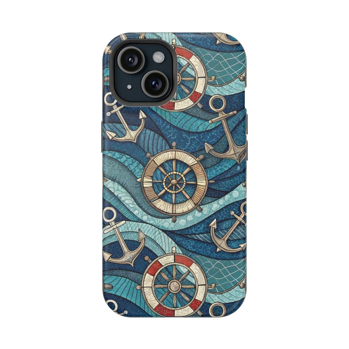 Nautical Theme iPhone case with anchors and ship wheels design for iPhone 13-16 series, durable coastal style protection