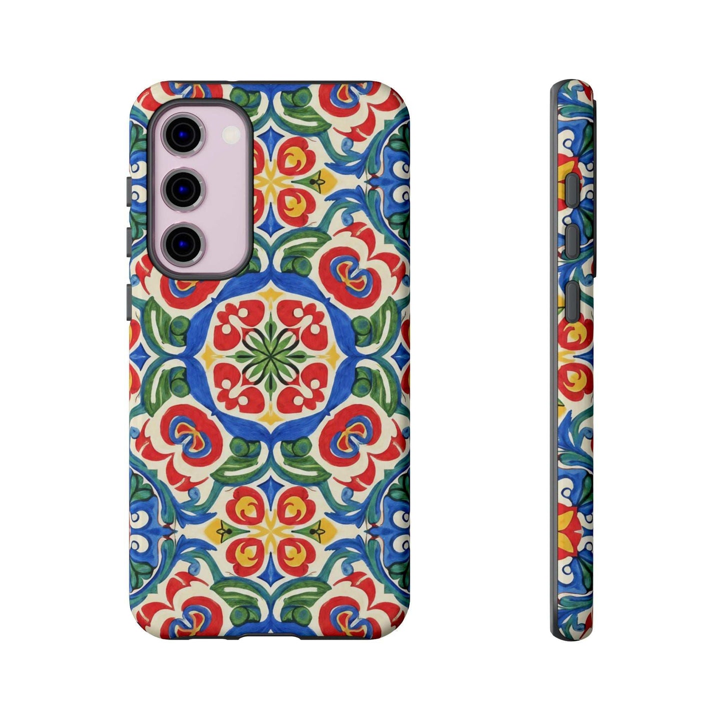 Mediterranean Samsung Case with colorful hand-painted tile design and dual-layer protection