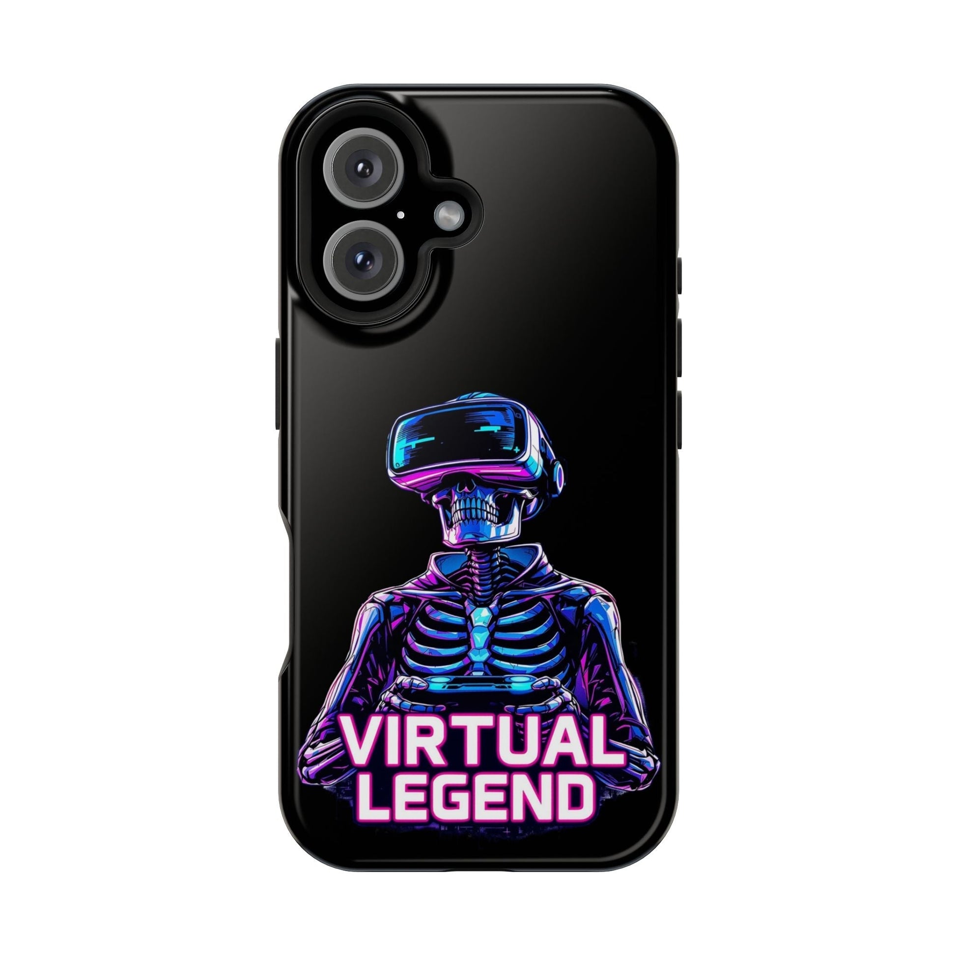 Virtual Legend Gamer iPhone tough case with neon skeleton wearing VR headset and vibrant colors