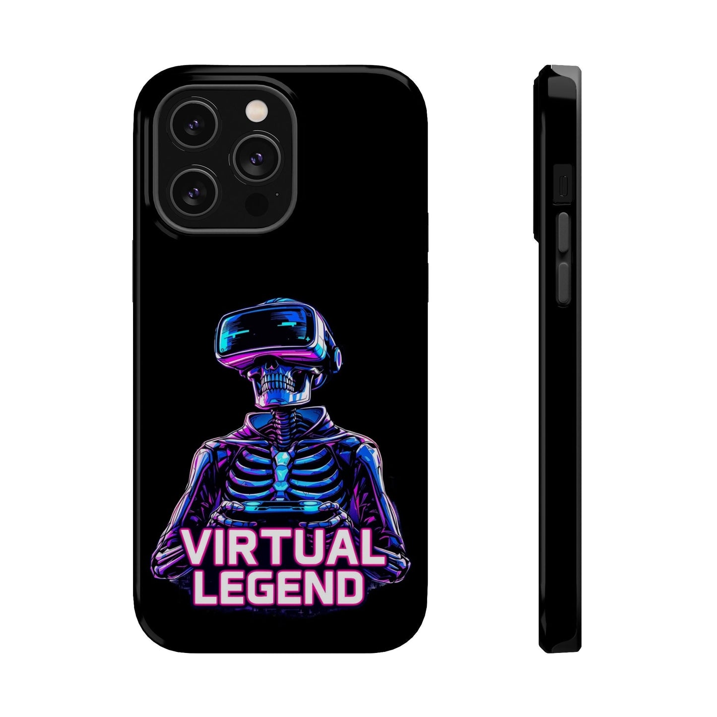 Virtual Legend Gamer iPhone tough case with skeleton wearing VR headset and vibrant colors, protective dual-layer design with MagSafe compatibility.