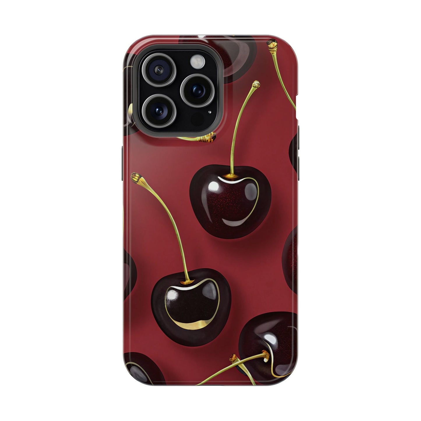 Cherry iPhone tough case with vibrant photo-realistic cherry design, dual-layer protection, and MagSafe compatibility
