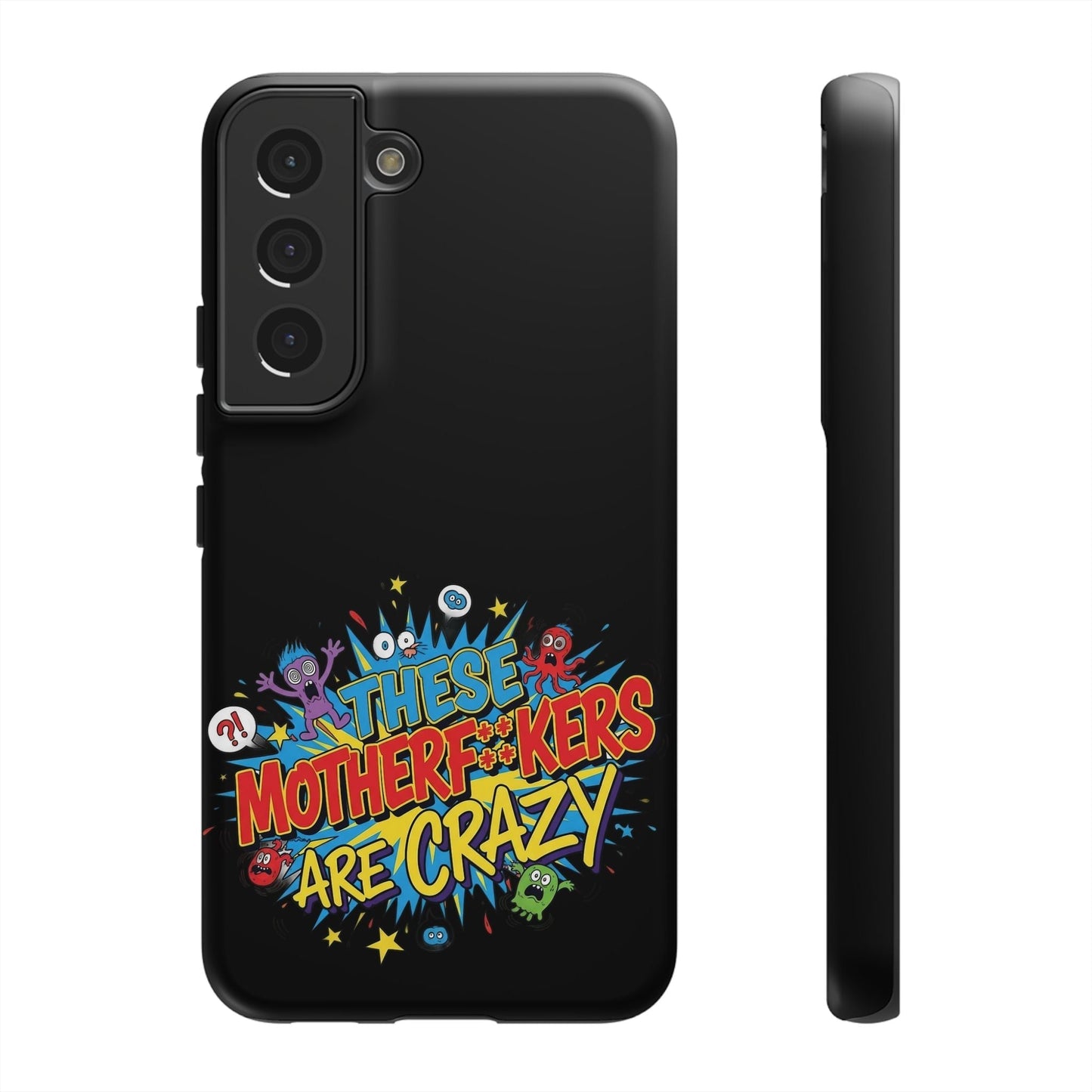 Funny Samsung phone case with bold colorful comic design and protective silicone liner