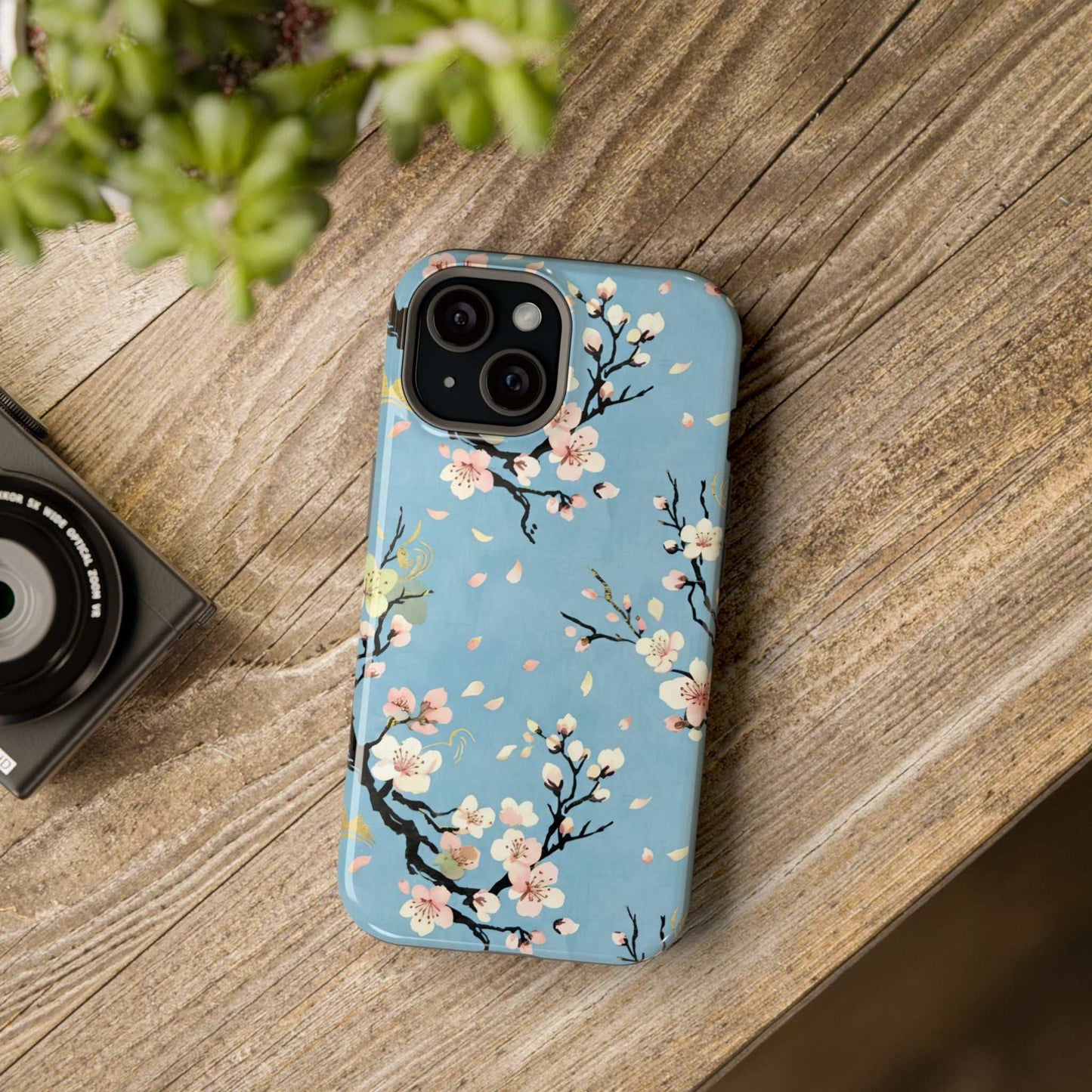 Spring Bloom iPhone Tough Case with floral print and impact-resistant design on wooden surface