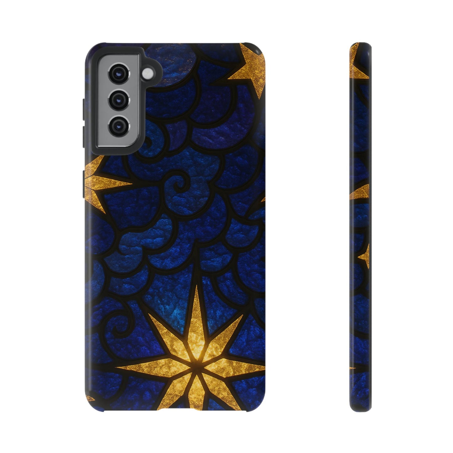 Golden Star Samsung phone case with blue and gold star design, durable impact-resistant protection for Samsung Galaxy models