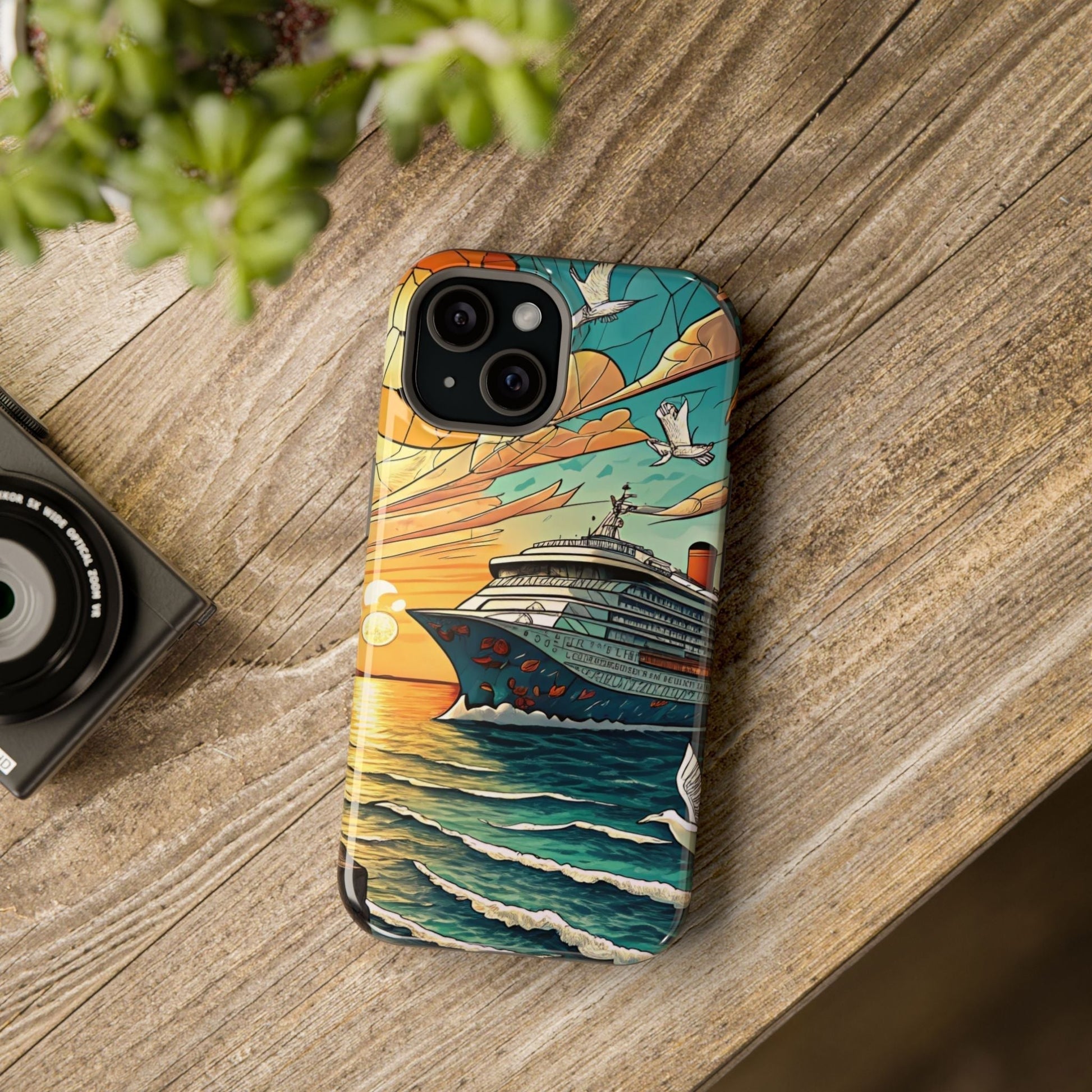 Cruise Vacation iPhone case with vibrant ocean and ship design, durable dual-layer protection and MagSafe support.
