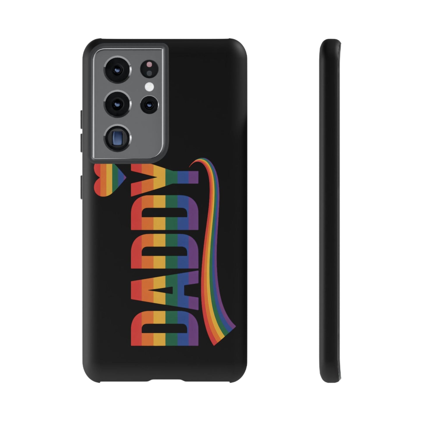 Samsung Tough Case black phone cover with rainbow LGBT-inspired Daddy text and heart design for Samsung Galaxy models