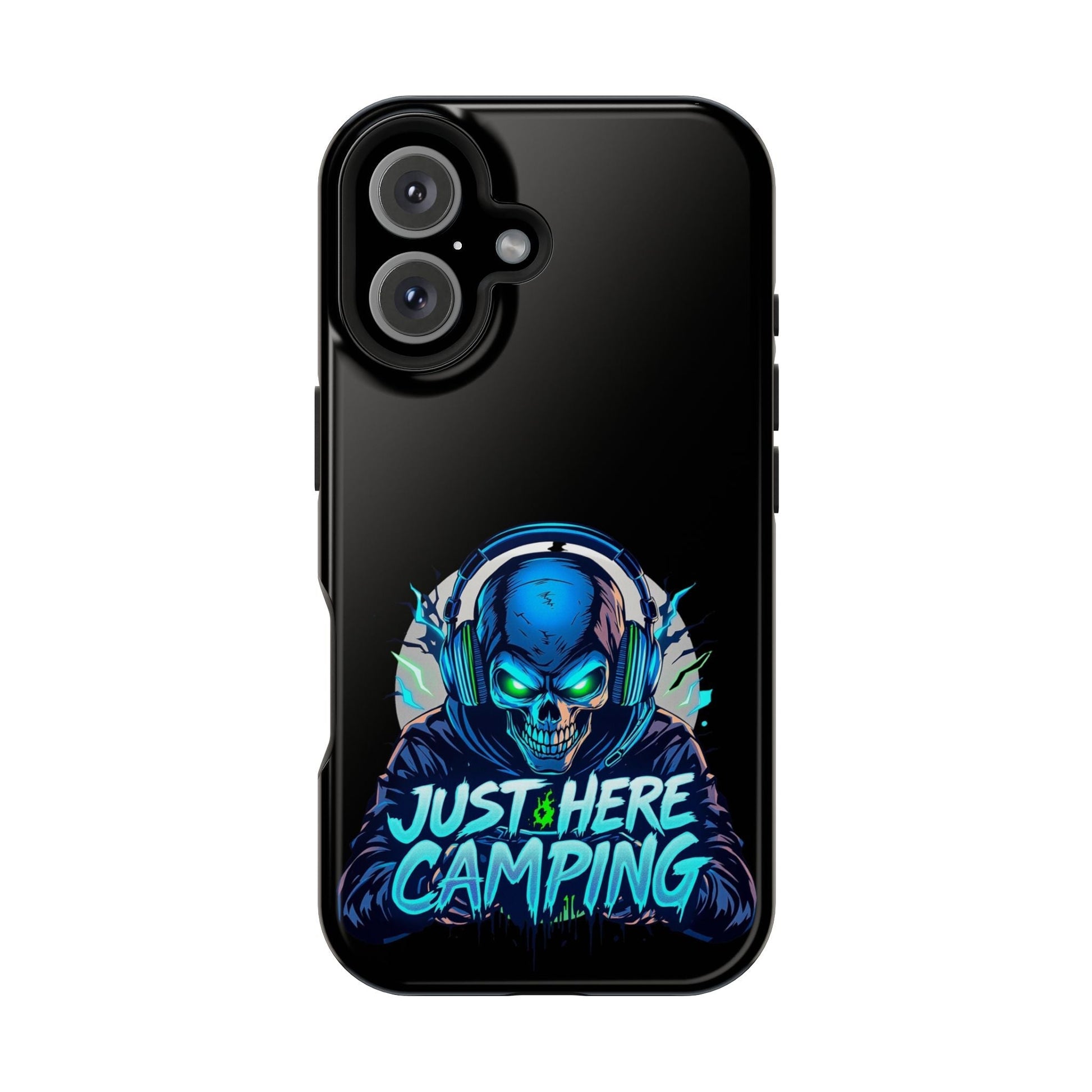 Durable iPhone case with Just Here Camping Gamer skull design in vibrant colors and MagSafe compatibility.