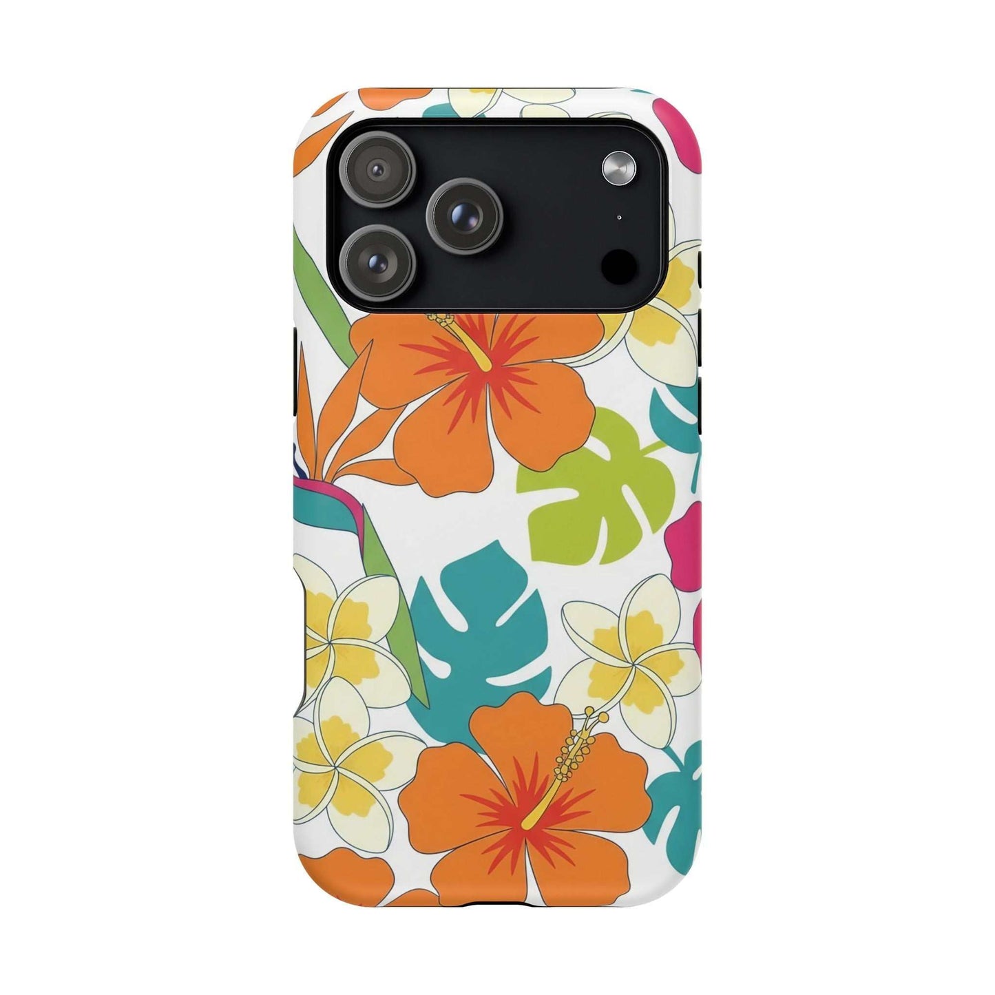 Floral iPhone Case with vibrant orange hibiscus and tropical leaf design, magnetic and impact-resistant protection