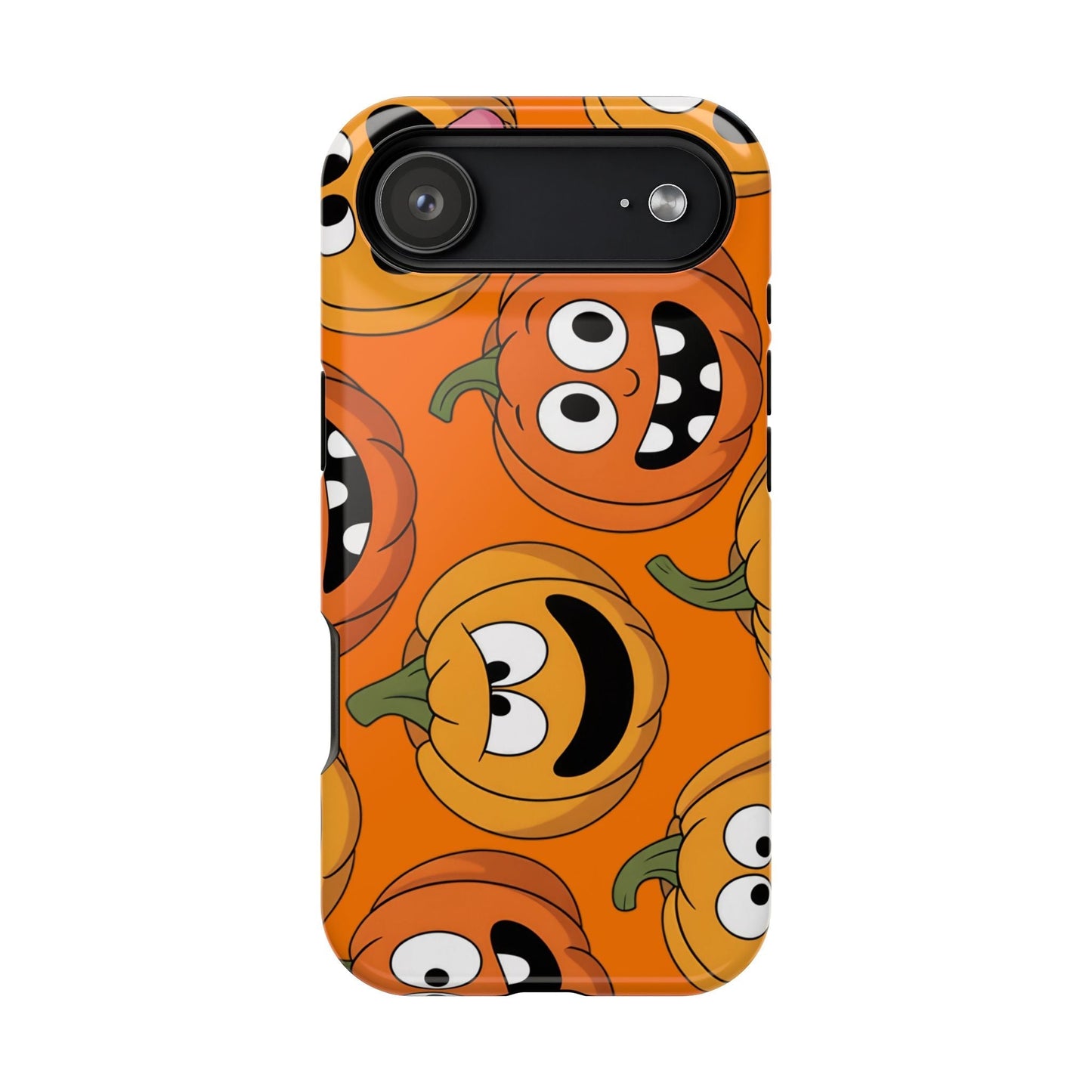 iPhone case with vibrant moody pumpkins design, durable polycarbonate and TPU construction, MagSafe compatible, perfect for Halloween and fall season