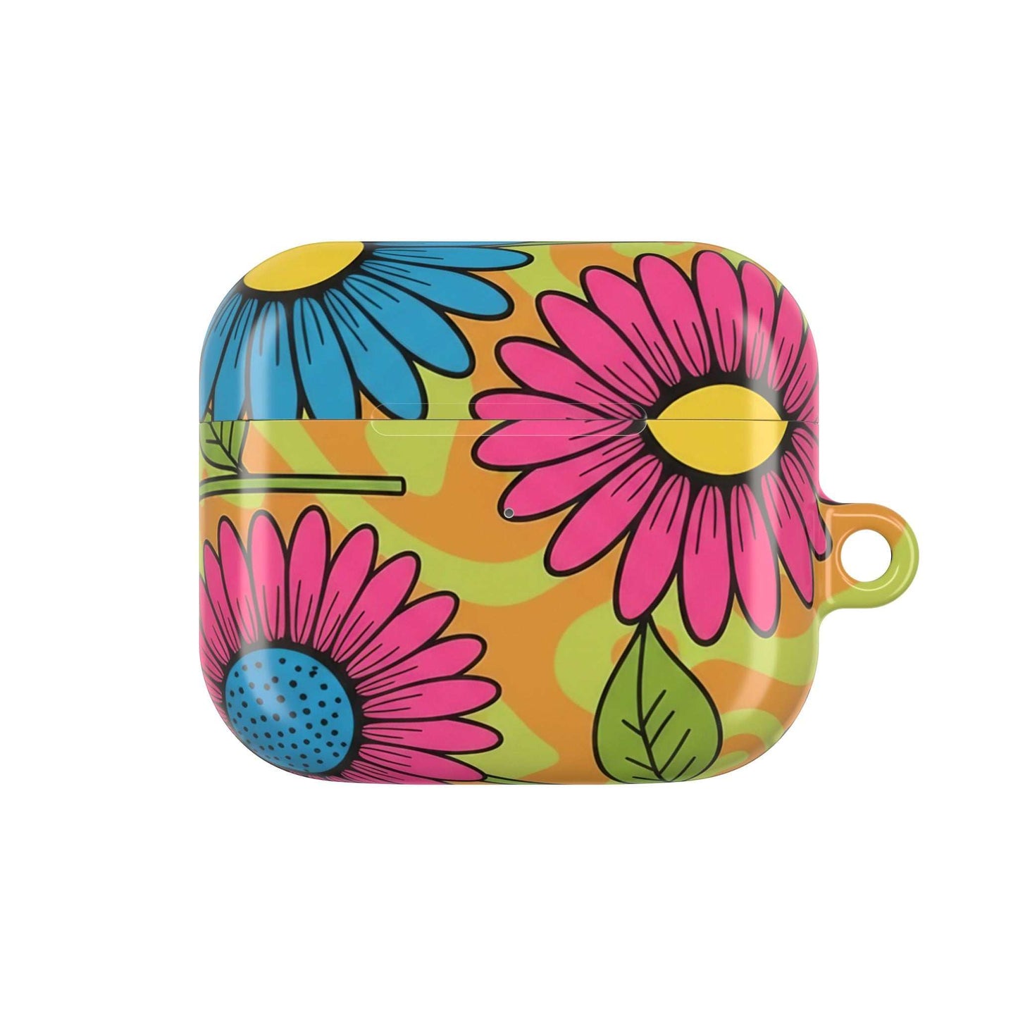 Love Child AirPod Case with colorful floral design, durable lightweight polycarbonate, impact-resistant, and carabiner included for everyday stylish protection