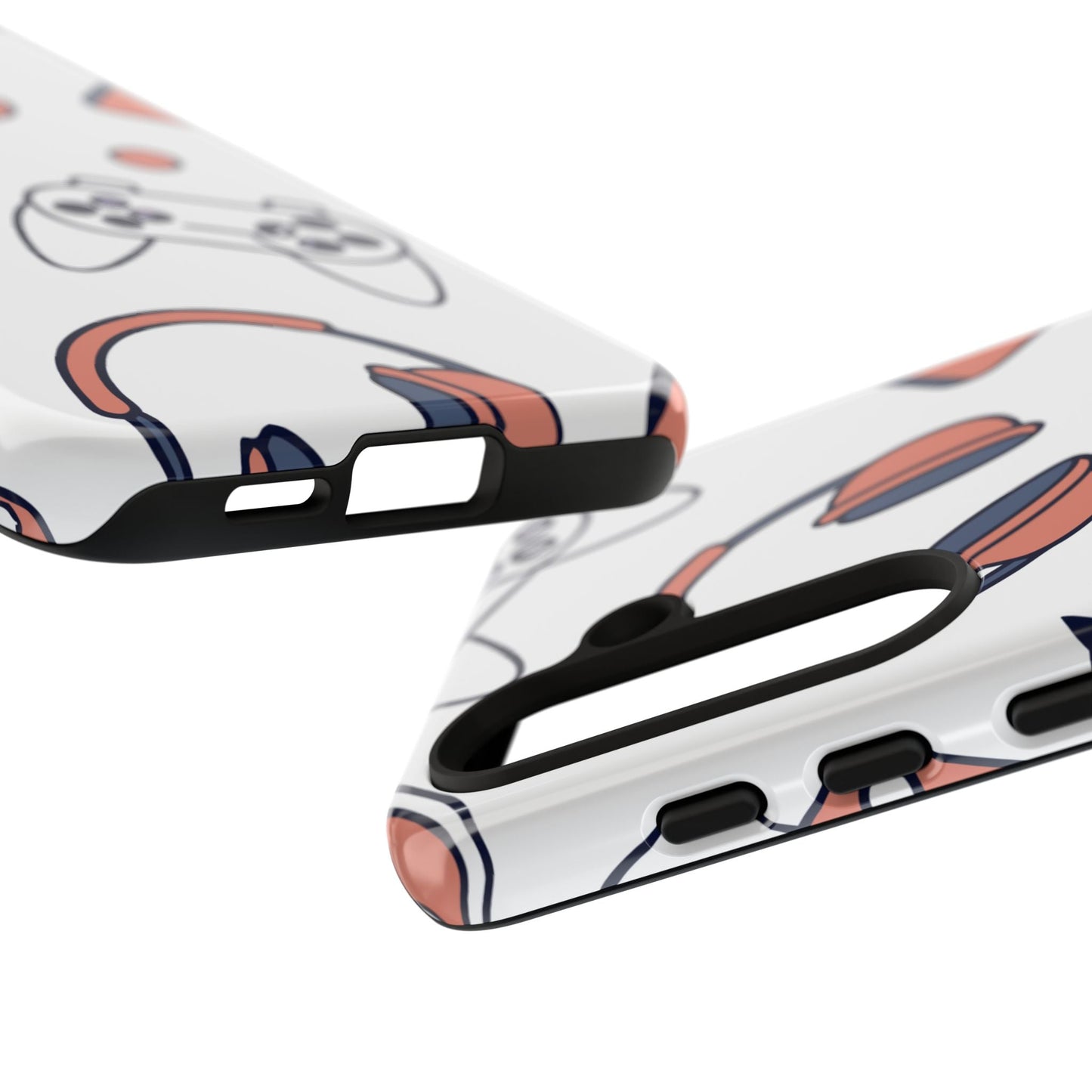 Close-up view of Samsung phone case with gamer-themed controller and headset design, durable and impact-resistant Gamer Tough Phone Case