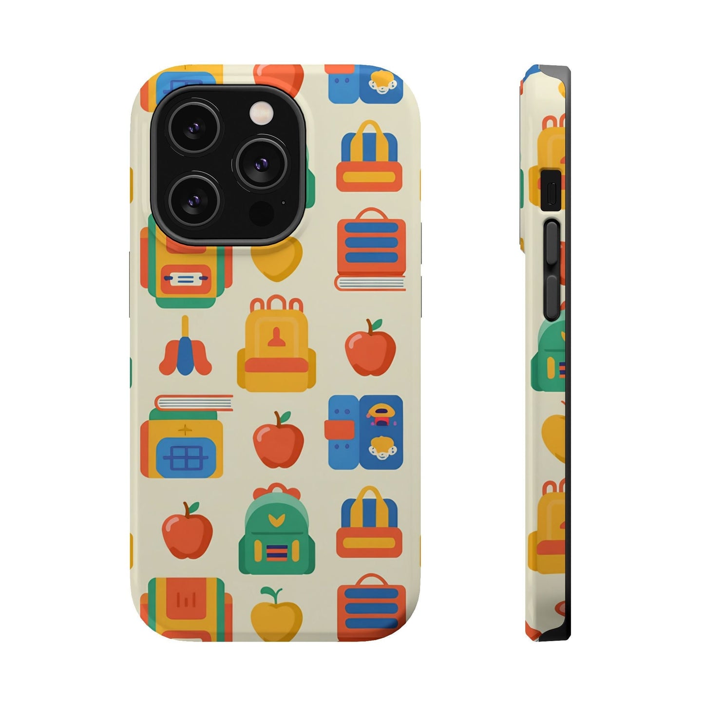 Durable iPhone back to school phone case with colorful school supplies pattern and MagSafe compatibility