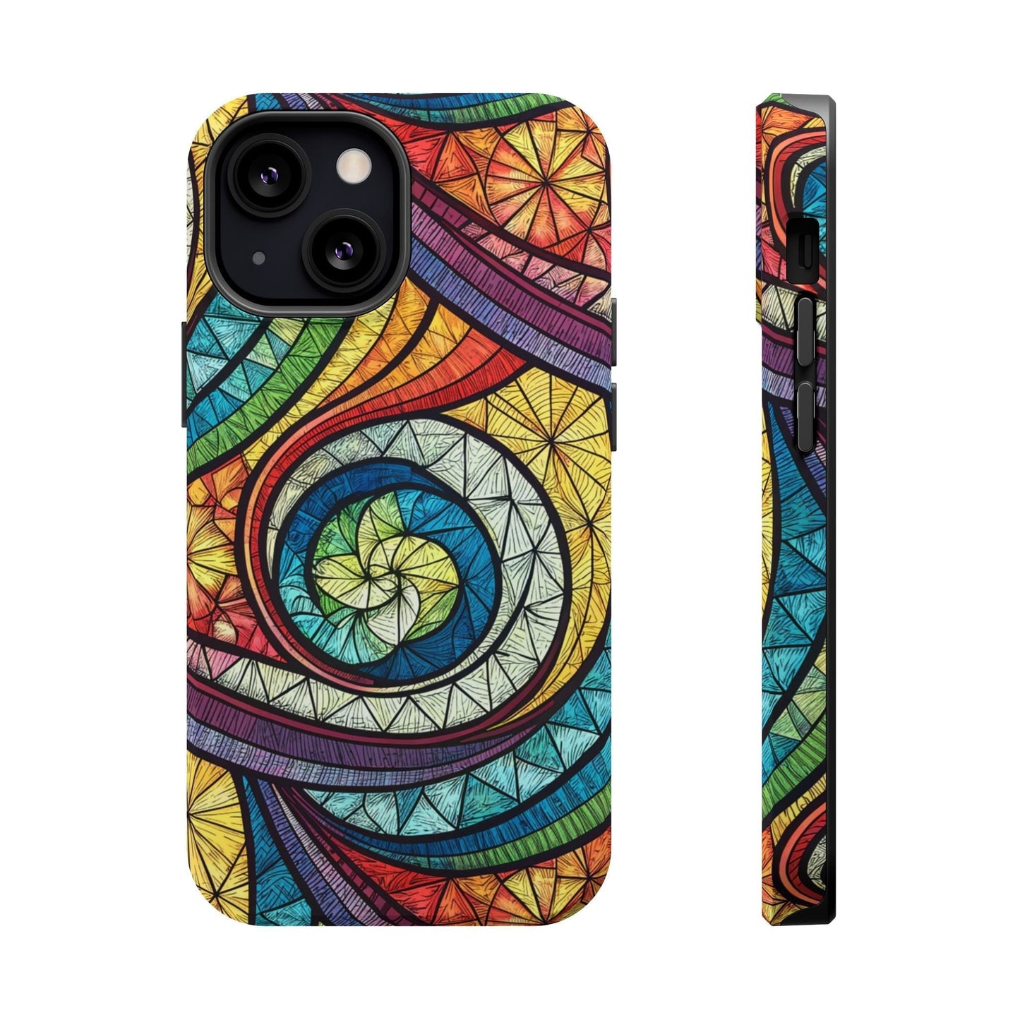 Stained glass inspired rainbow swirl iPhone case with vibrant artistic design and MagSafe compatibility
