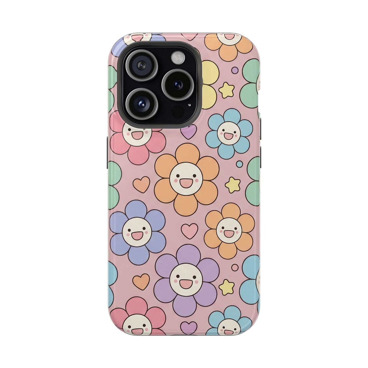 Happy Flower iPhone Tough Case with colorful smiling floral design and MagSafe compatibility for impact-resistant phone protection