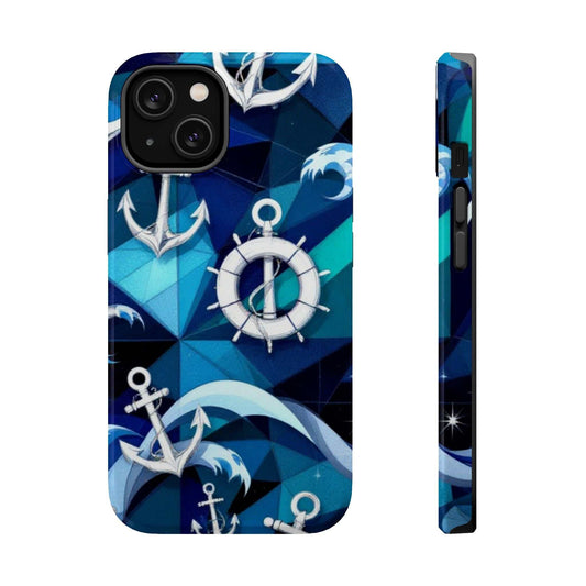 Nautical Anchors iPhone case with maritime design, durable dual-layer protection, MagSafe compatible, blue geometric background with white anchors and ship wheels