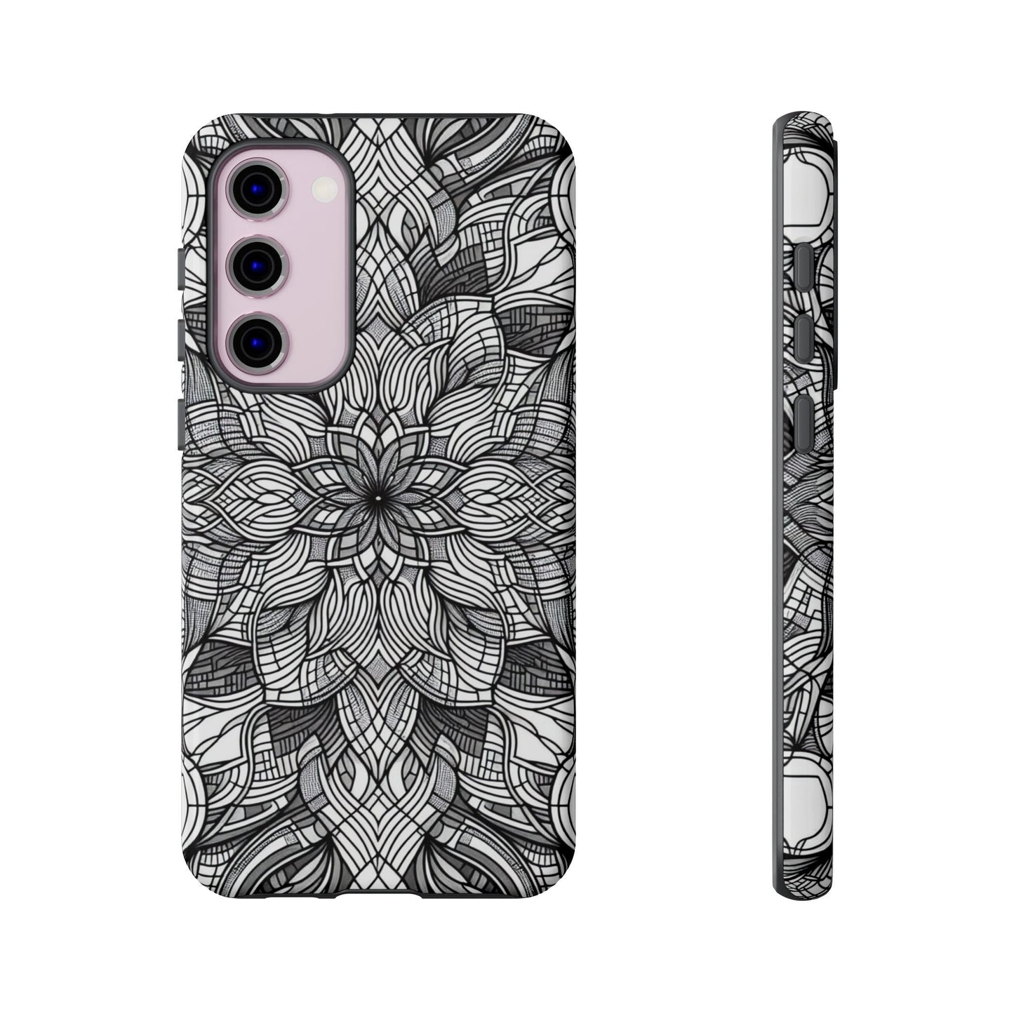 Black and white art explosion Samsung phone case with intricate floral design and full device protection