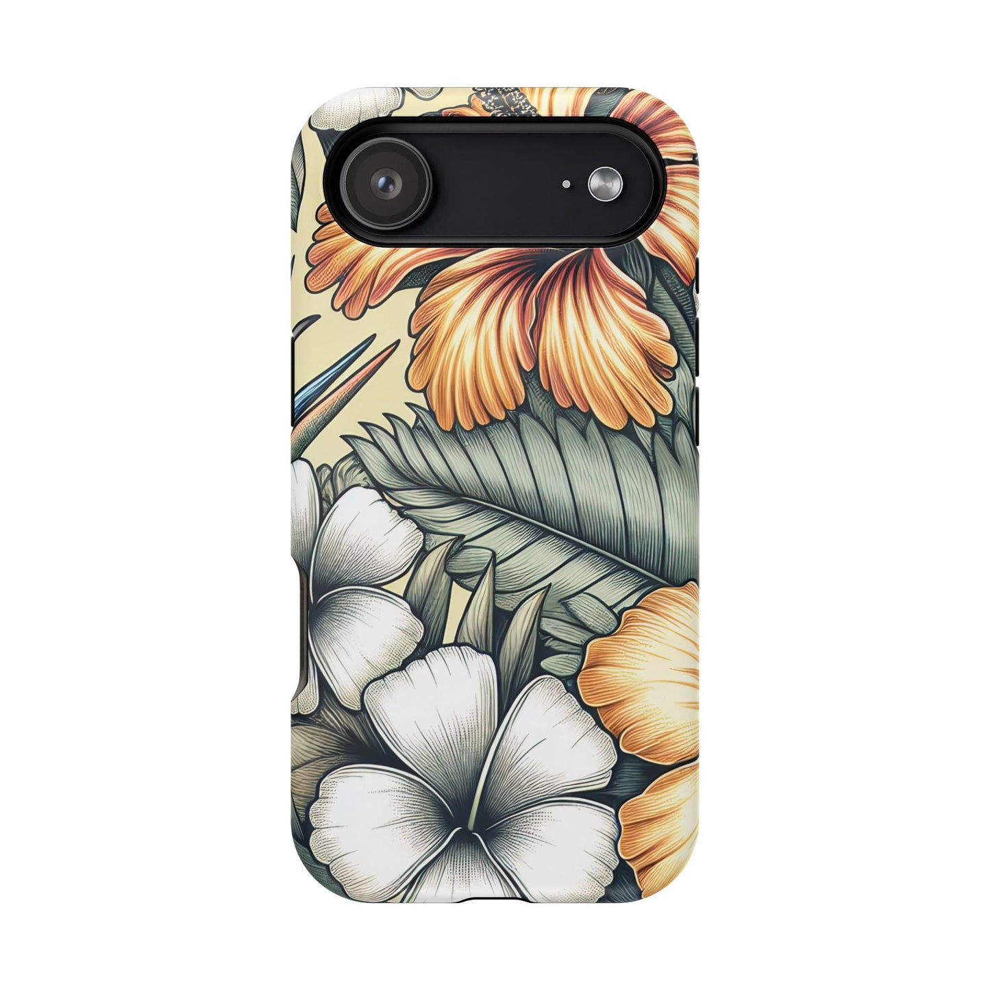Golden tropical floral iPhone tough case with durable dual-layer protection and MagSafe compatibility