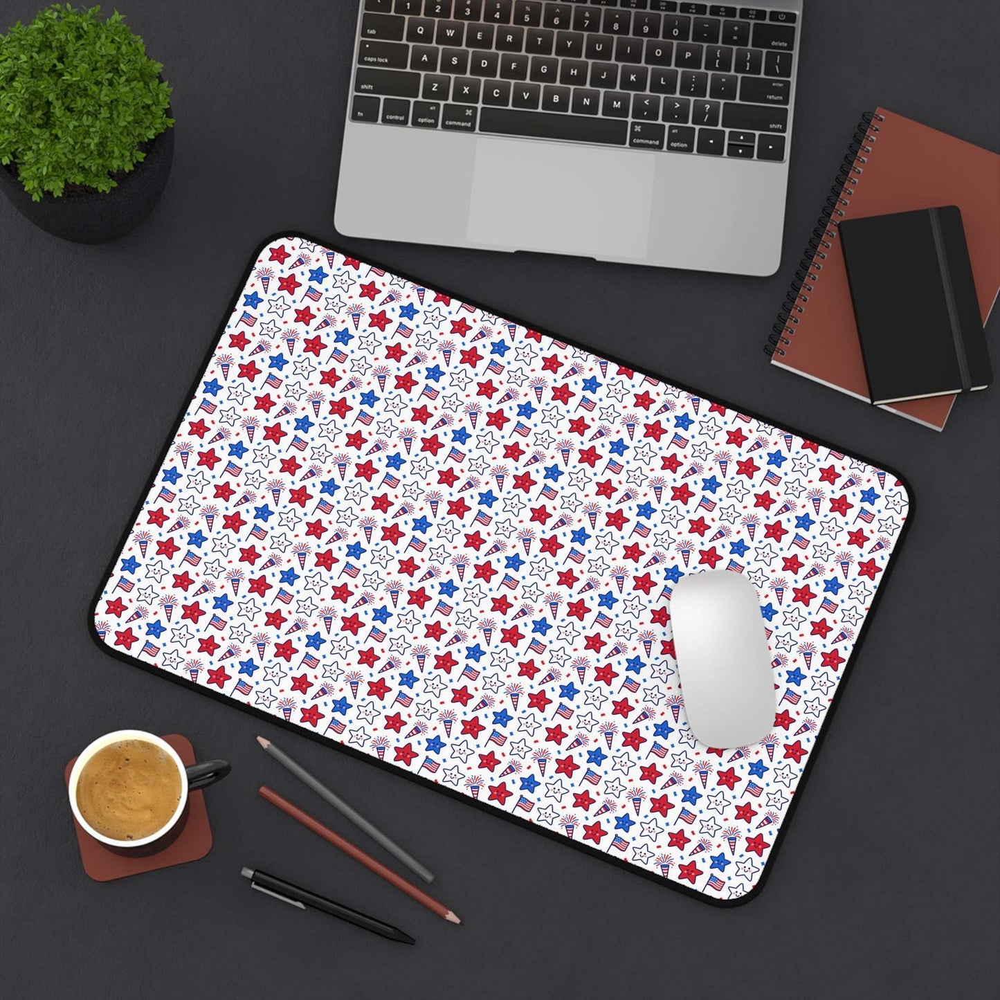 Kawaii 4th of July Desk Mat – Cute Patriotic Mouse Pad, Non-Slip Neoprene, Pastel Stars & Fireworks Workspace Mat