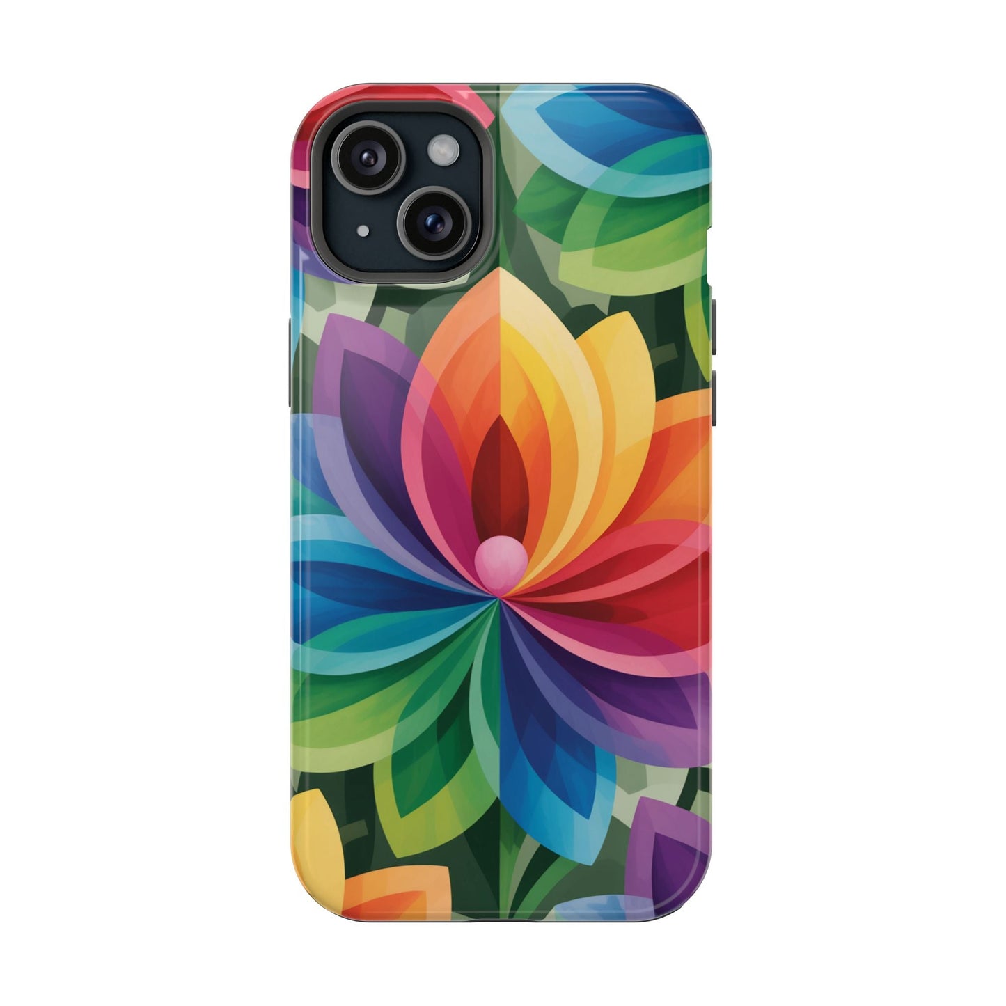 Rainbow Flower iPhone Case with vibrant multicolor flower design and durable protective cover with MagSafe compatibility