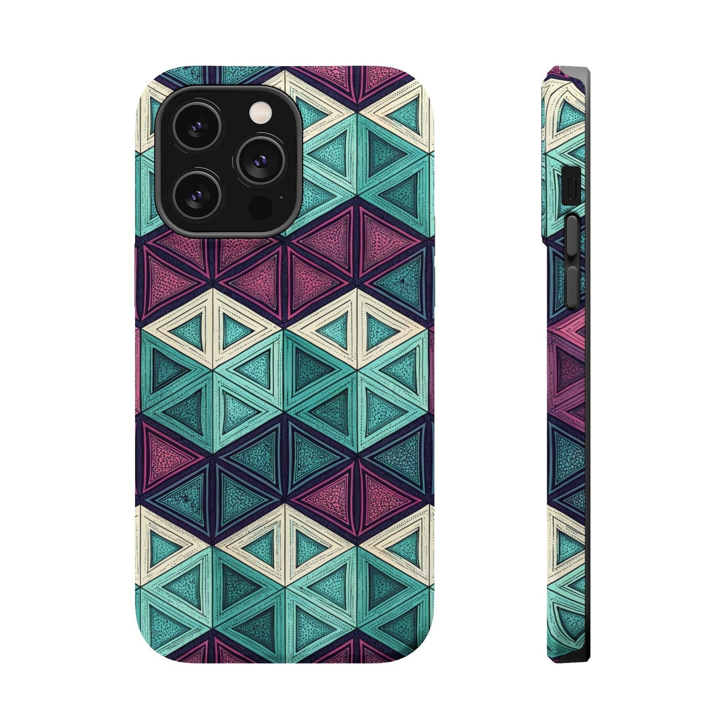 Purple and teal abstract geometric patterned magnetic iPhone tough case with durable dual-layer protection and MagSafe compatibility