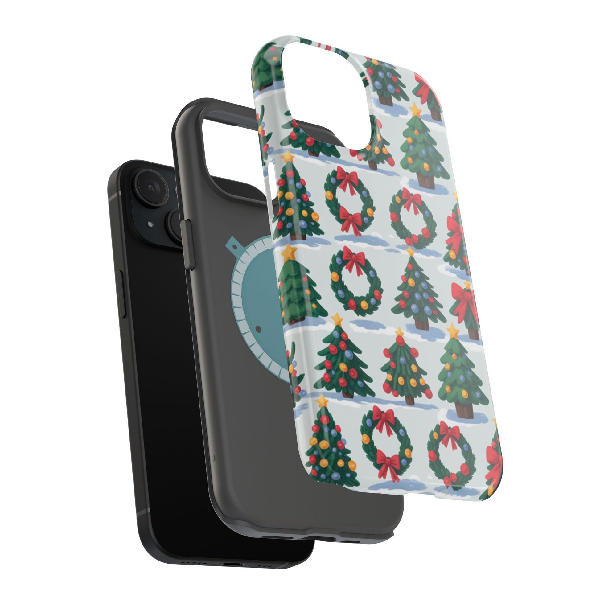 iPhone case with festive holiday tree and wreath pattern, durable protective design with MagSafe compatibility