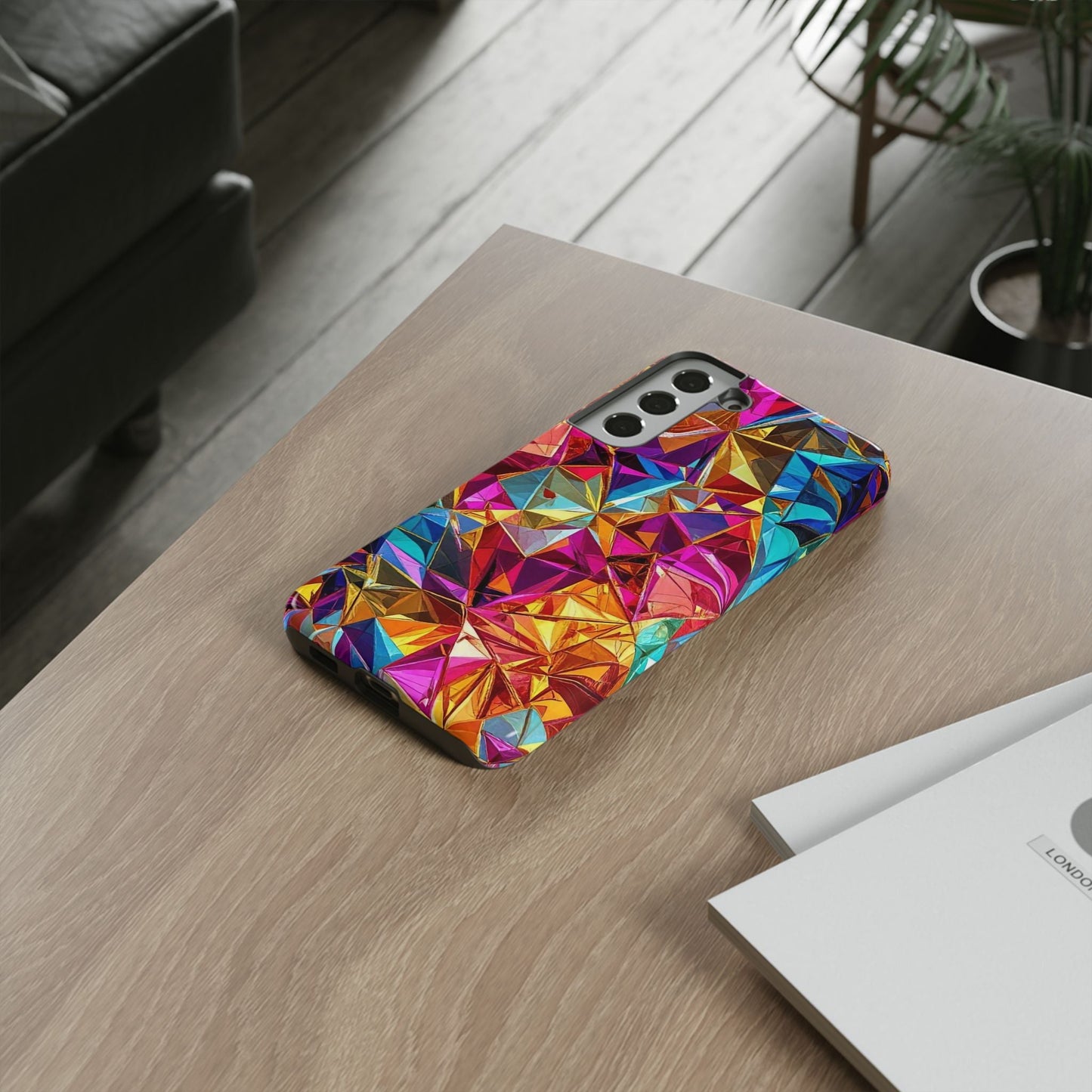 Rainbow foil Samsung phone case with vibrant geometric design and impact-resistant protection